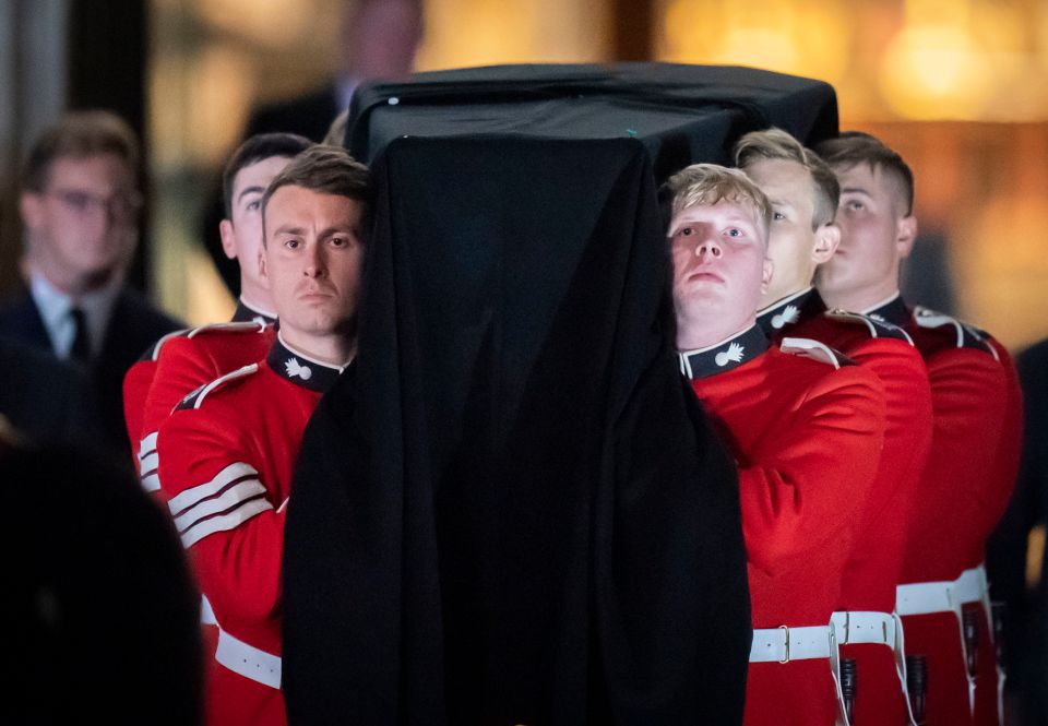 Grenadier Guards practise carrying a coffin for Monday’s funeral