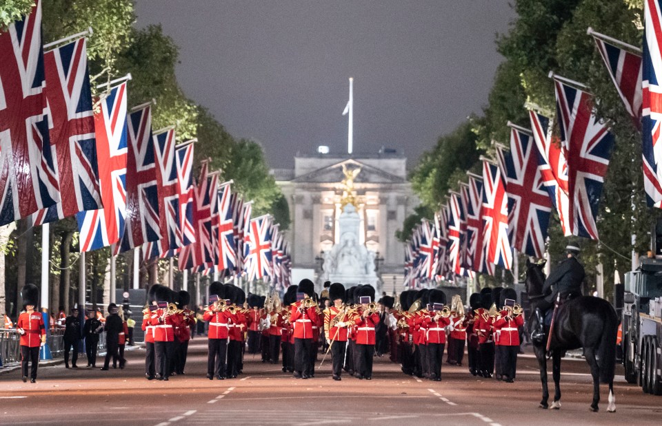 An early morning rehearsal for the procession of the Queen’s coffin took place this morning