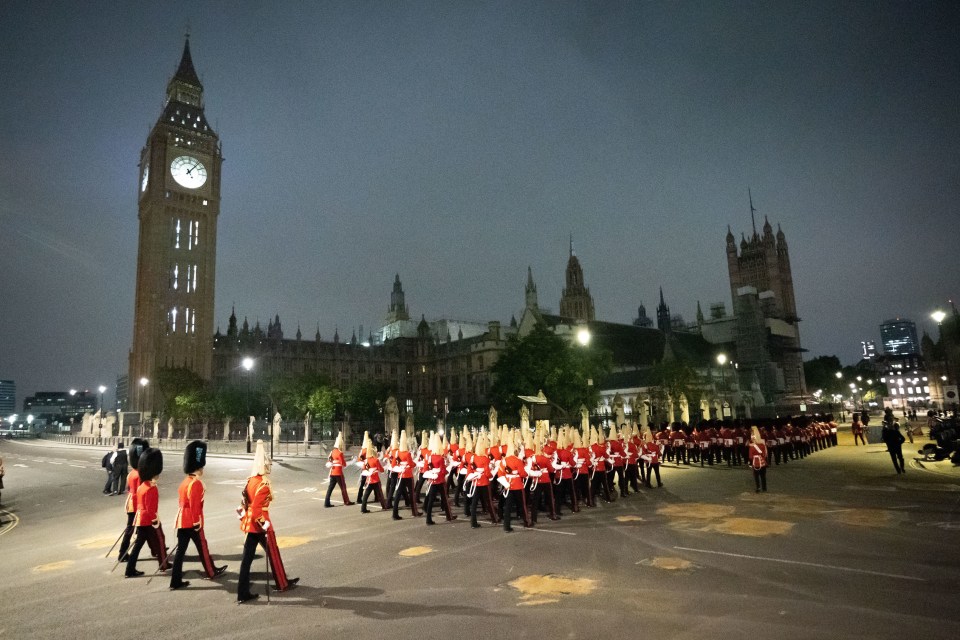 The King’s Guard were seen rehearsing first thing this morning