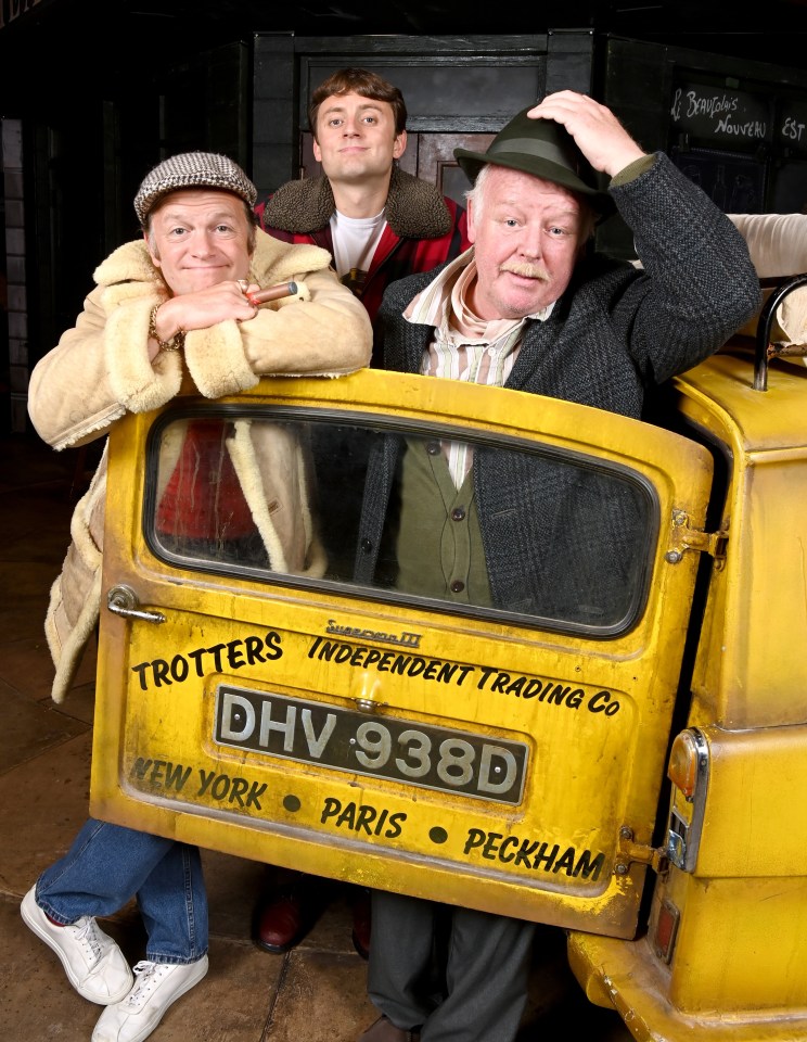 The telly favourite looked at home with Tom Bennett as Del Boy and Ryan Hutton as Rodney by the show’s iconic three-wheeler