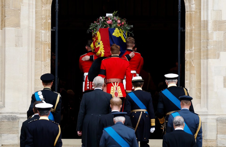 the royals follow Her late Majesty's coffin into St George’s Chapel