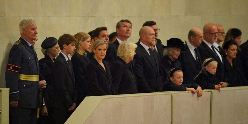 Members of the Royal Family including James, Viscount Severn, Lady Louise Windsor, the Countess of Wessex, Jack Brooksbank, the Queen Consort, Vice Admiral Sir Tim Laurence, Zara Tindall, Mike Tindall, the Duke of Kent, Mia and Lena Tindall, watched the moving vigil