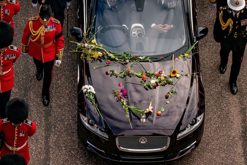 Flowers on the hearse carrying the coffin of the Queen