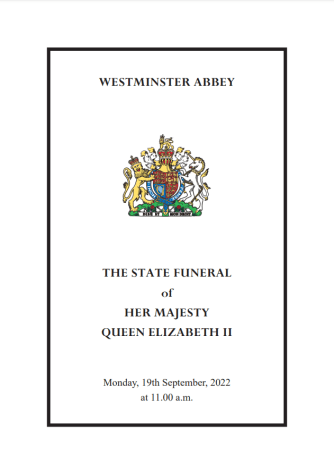 The front page of the order of service for Her Majesty's funeral