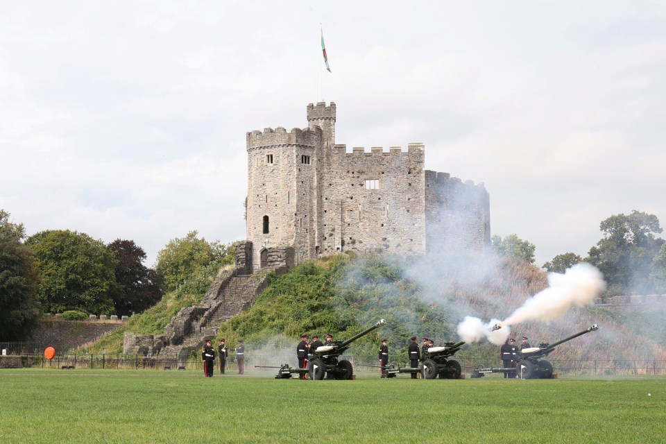 A gun salute is fired during the proclamation ceremony for King Charles in Cardiff