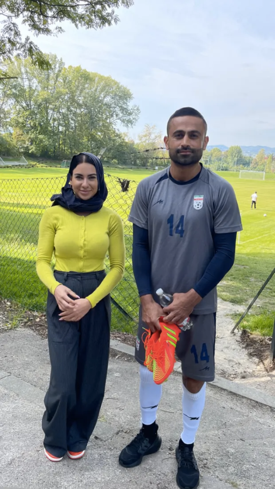 SunSport reporter Isabelle Barker, with Iran midfielder Omid Ebrahimi, was compelled to wear a hijab headscarf to interview Iran’s football team after a match — in Austria