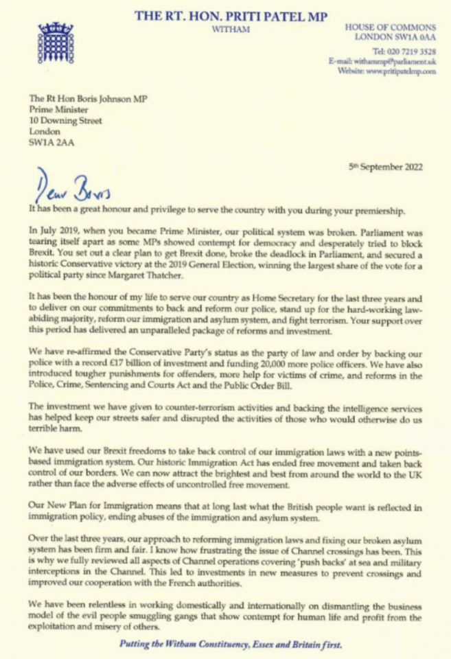 The Home Secretary's resignation letter