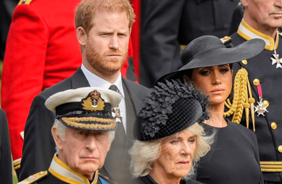 Prince Harry, Meghan Markle, King Charles and Queen Consort Camilla following the Queen's state funeral service