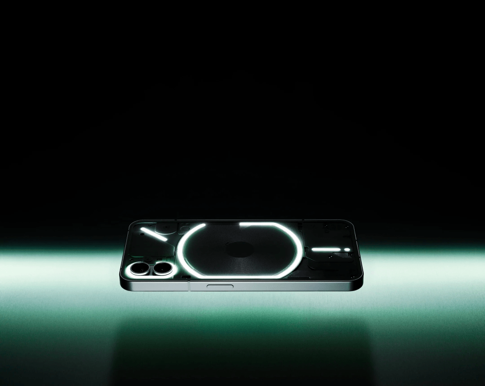 The device has a transparent back with funky lights below