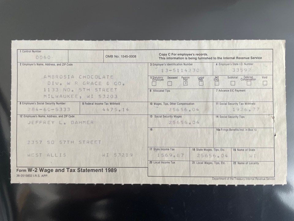 A payslip from Dahmer's job at the Ambrosia chocolate factory