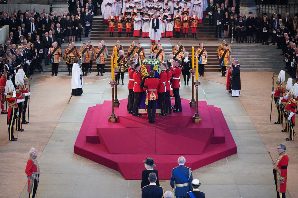 Members of the royal family including King Charles III and the Queen Consort, the Princess Royal and Vice Admiral Sir Tim Laurence at Westminster Hall