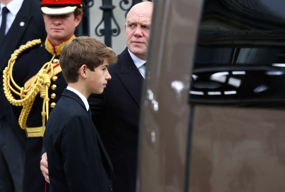 James, Viscount Severn, and Mike Tindall enter Westminster Abbey