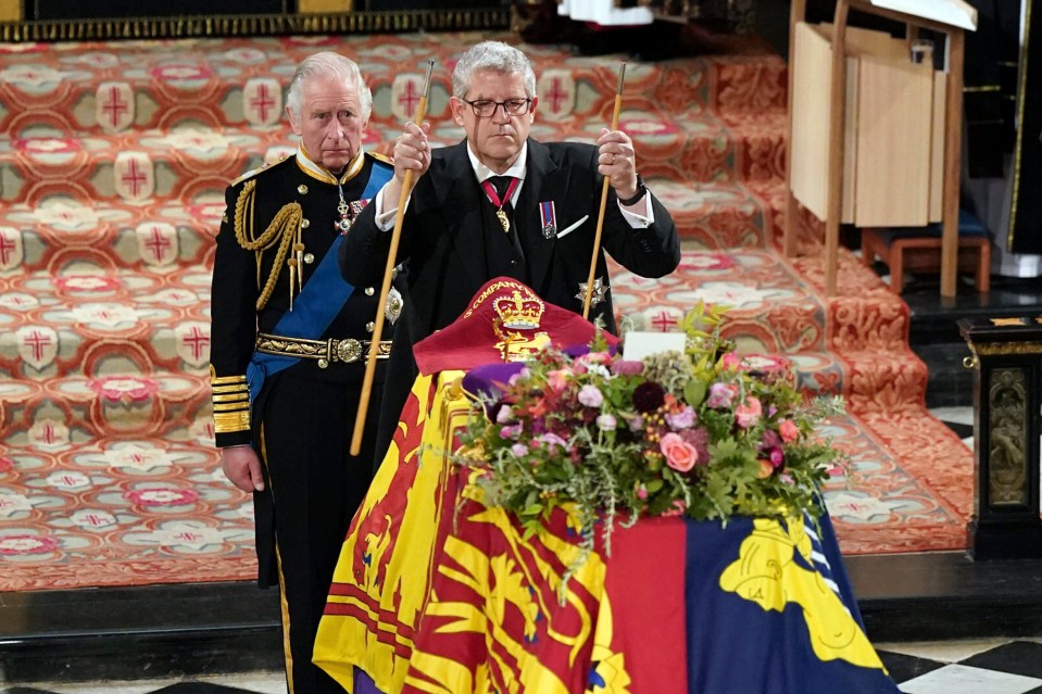 The Lord Chamberlain Baron Parker breaks his Wand of Office, marking the end of his service to the sovereign