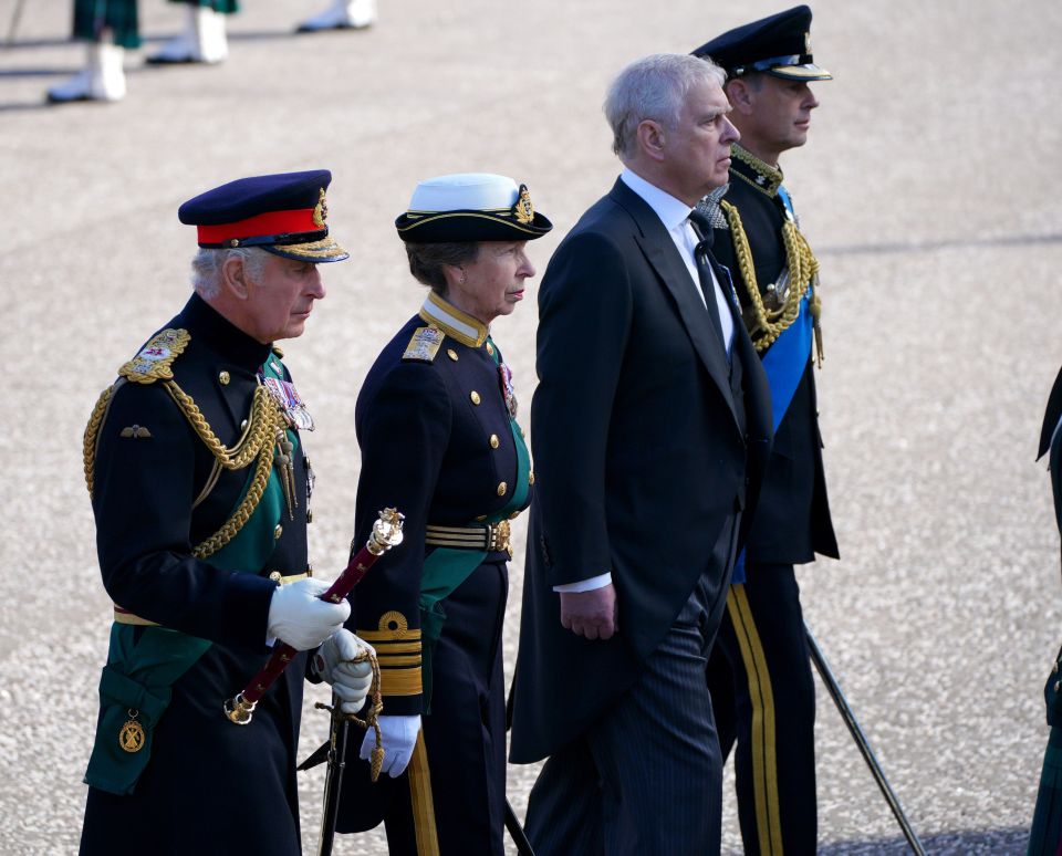 King Charles III, the Princess Royal, the Duke of York and the Earl of Wessex walk behind Queen Elizabeth II’s coffin