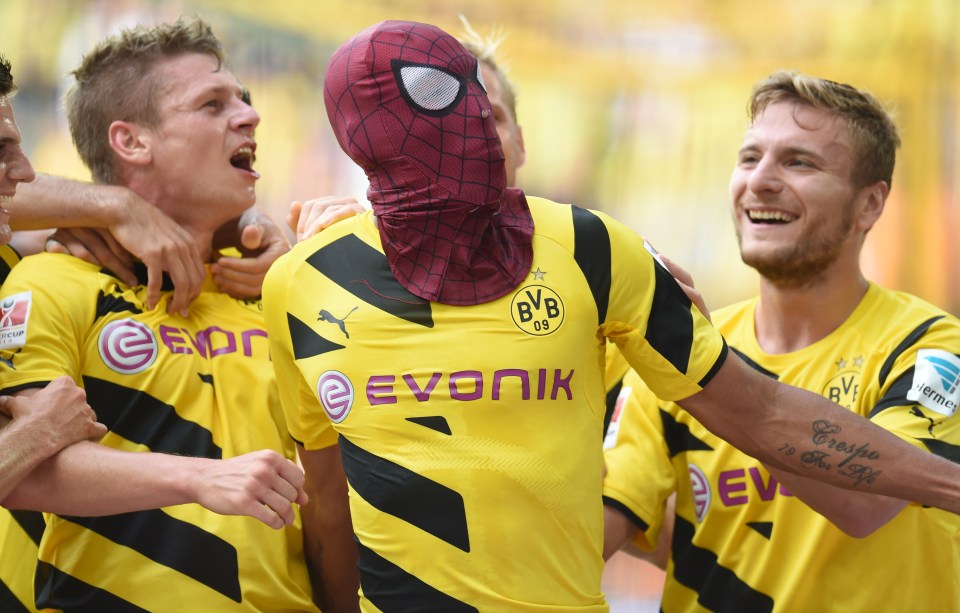 Aubameyang in a Spiderman mask playing for Dortmund