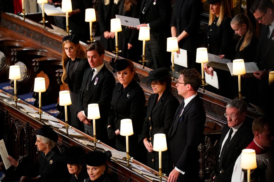 Princess Beatrice, Edoardo Mapelli Mozzi, Sarah Ferguson, Princess Eugenie and Jack Brooksbank stand during the committal service