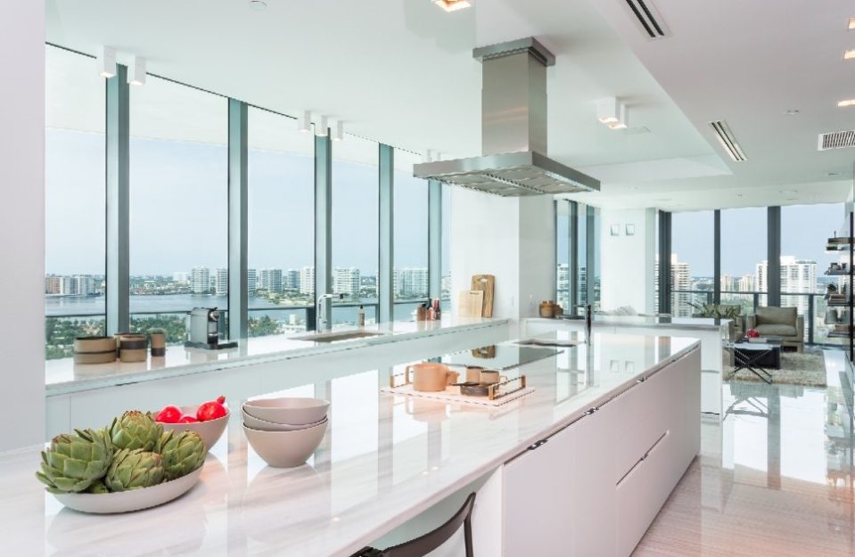 The kitchen has ample space for family dining