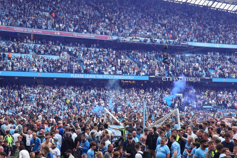 Fans stormed the Etihad pitch after winning the title earlier this year