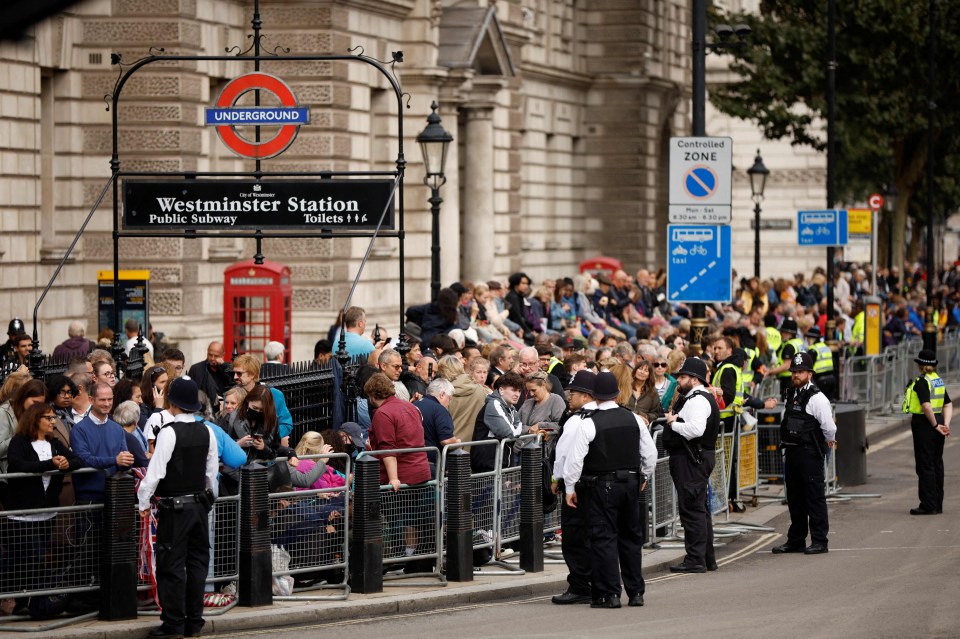 Members of the public wait on Whitehall road ahead of the procession