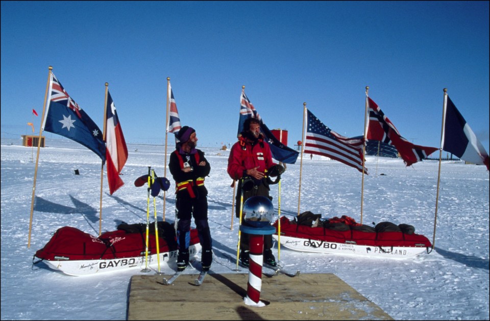 Ranulph and Professor Michael Stroud reach the South Pole on February 5, 1993