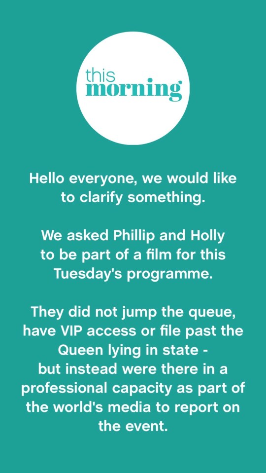 This Morning clarify that Holly and Philip did not queue jump at Queen’s vigil – because they were working