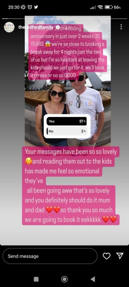 The couple were originally reluctant to leave the children but Instagram users urged them to go away as a couple