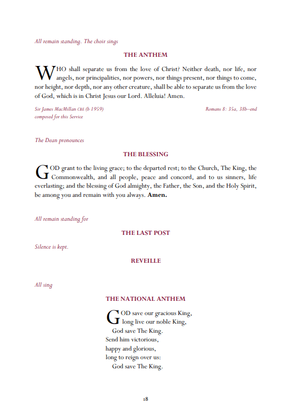 Page eighteen of the order of service at Westminster Abbey