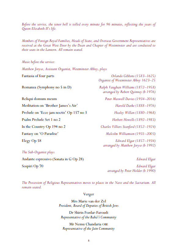 Page two of the order of service at Westminster Abbey