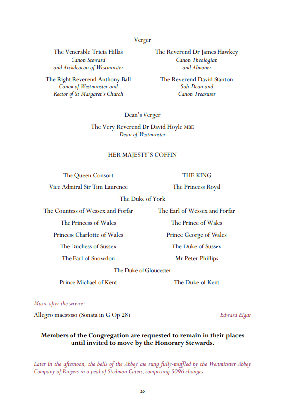 Page twenty of the order of service at Westminster Abbey