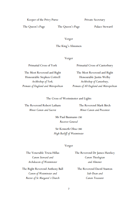 Page seven of the order of service at Westminster Abbey