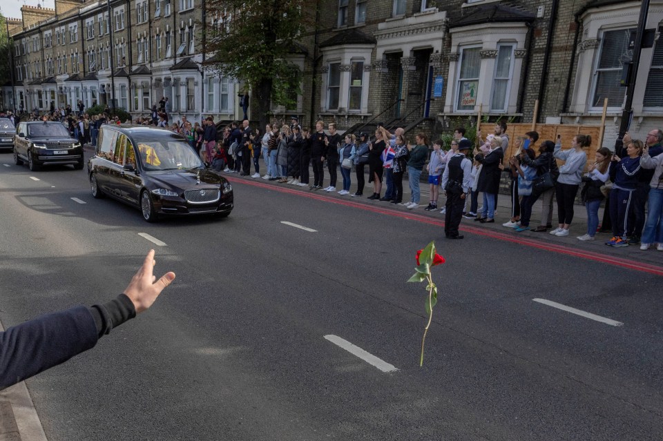 A person throws a flower in the path of the state hearse