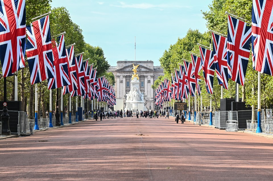 Union Jack flags have been put in place along The Mall leading up to Buckingham Palace following the passing of Queen Elizabeth II