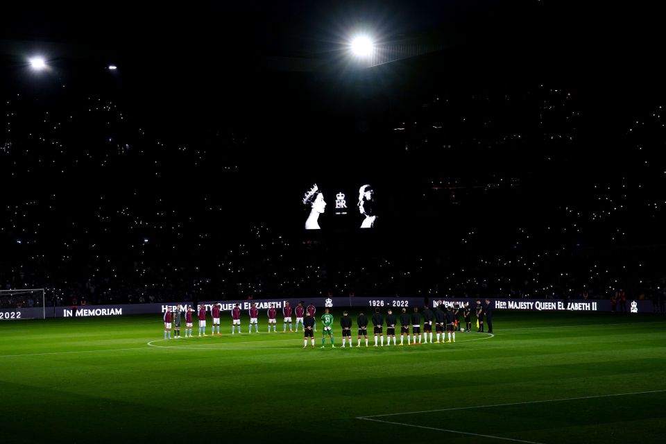 Villa Park went dark as players observed a minute’s silence in memory of Her Majesty