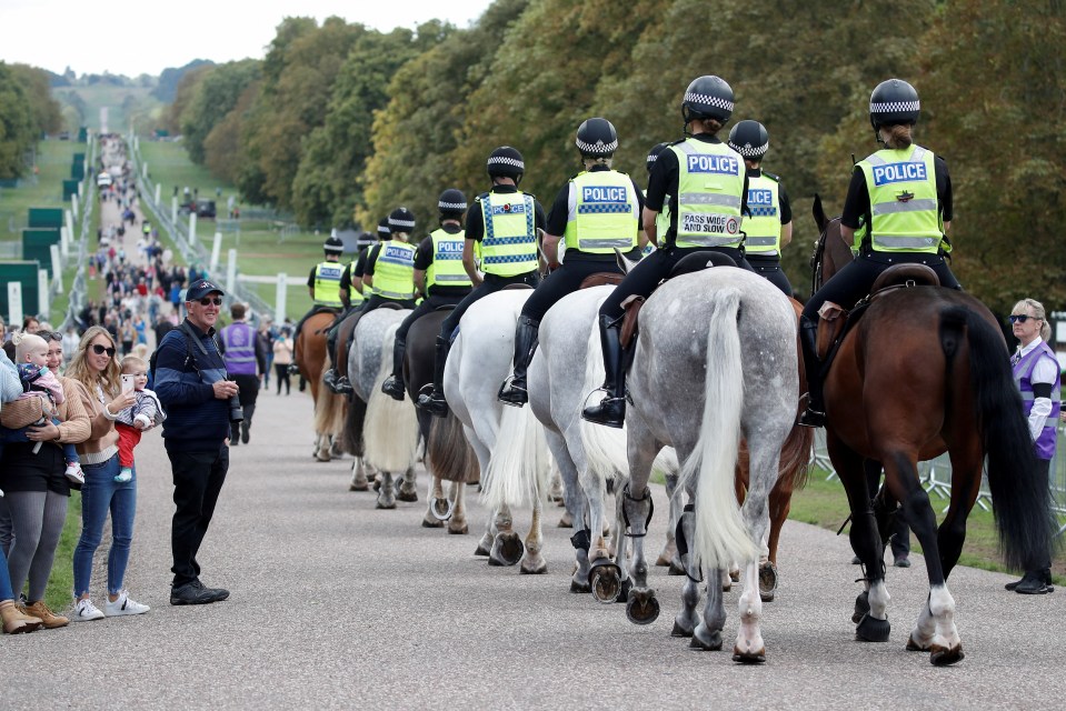 Police on horseback on an exercise in Windsor ahead of the funeral