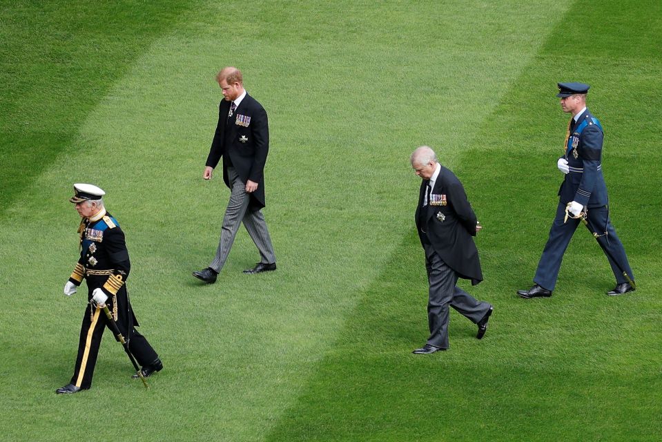 Prince Harry, seen walking with King Charles, William and Andrew, remained in the UK for the Queen's funeral