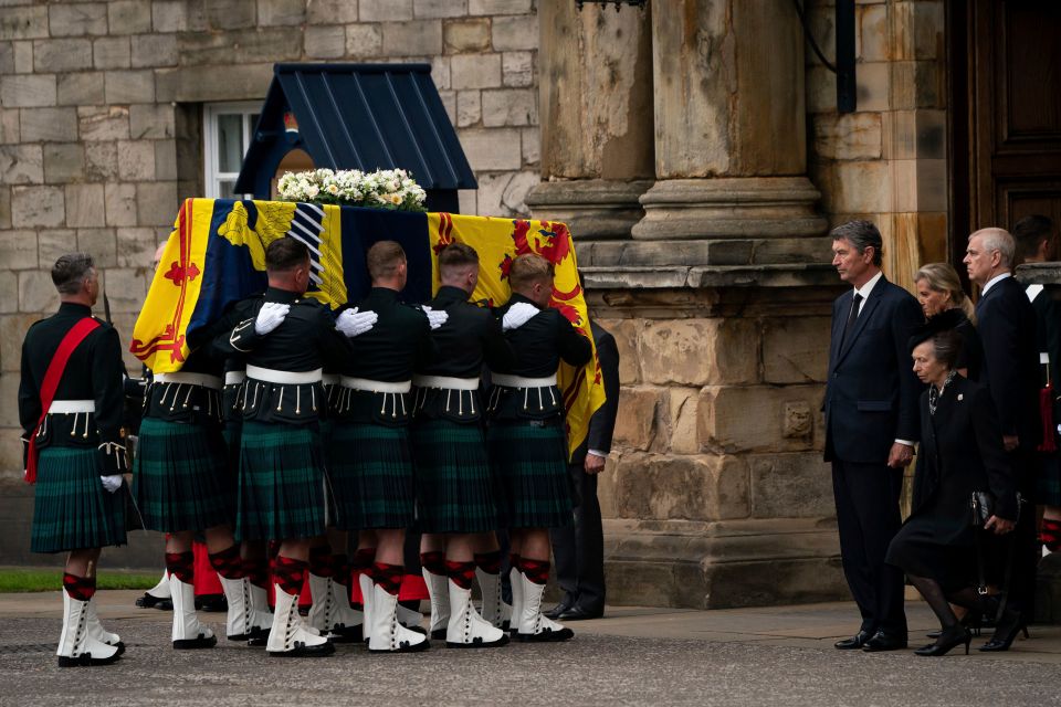 Princess Anne curtseyed to the coffin of her mother Queen Elizabeth II as it arrived at Holyroodhouse. She stood alongside her husband and brothers Andrew and Edward