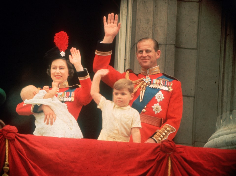 Prince Andrew and baby Edward join their parents on the Palace balcony for Troopingthe Colour in 1964