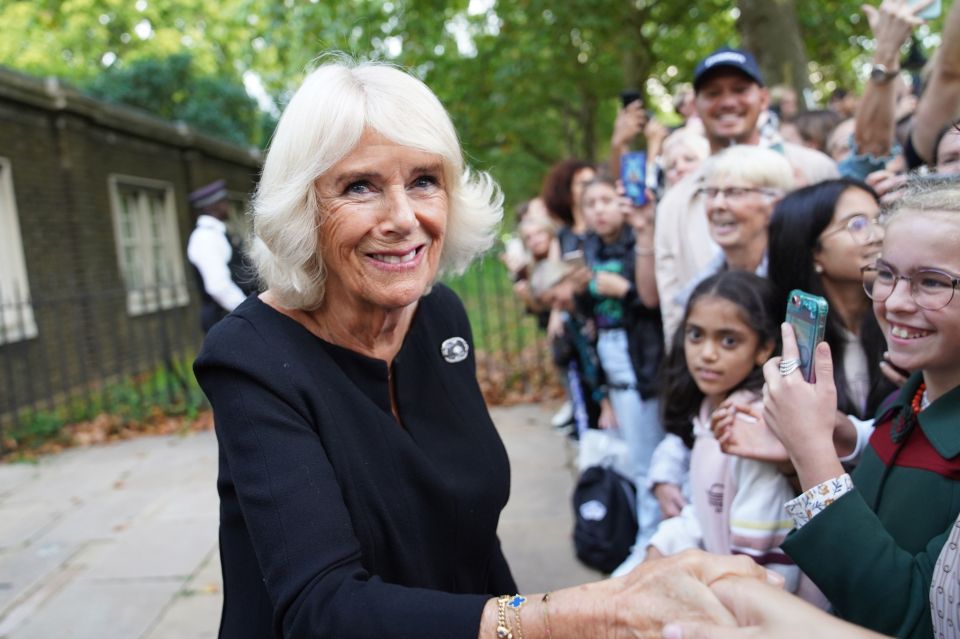 Queen Consort Camilla shakes hands with well-wishers at Clarence House