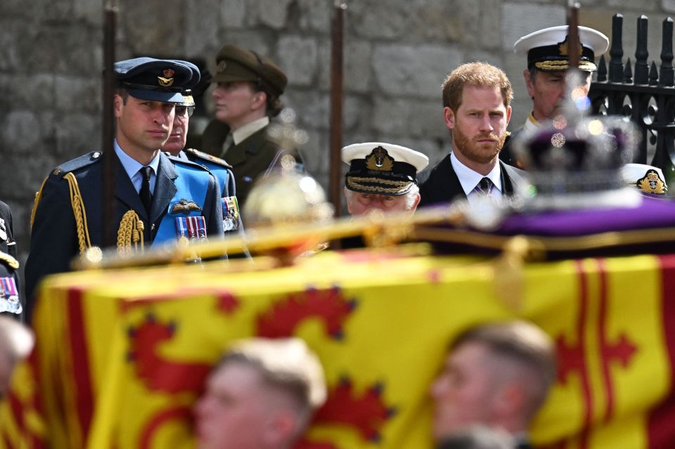 Brothers William and Harry follow the Queen's coffin, draped in a Royal Standard