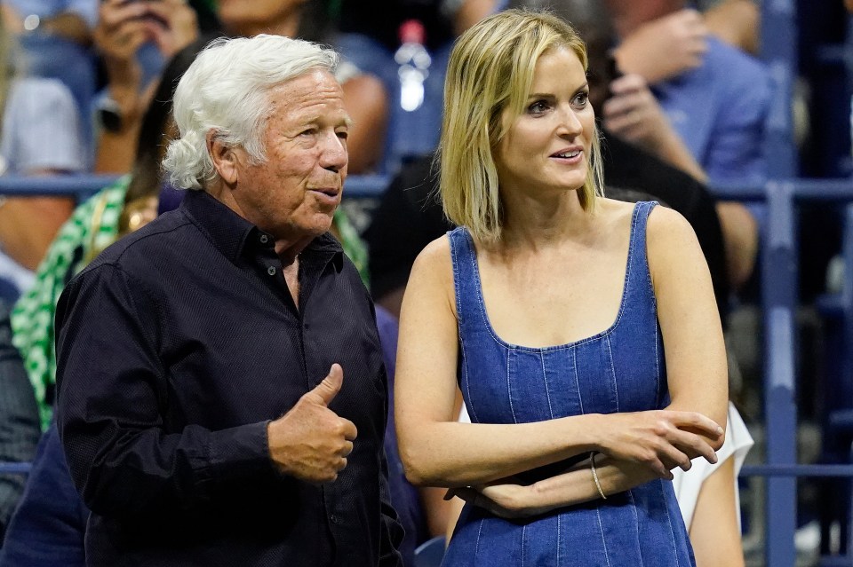 New England Patriots owner Robert Kraft and fiancee Dana Blumberg in the stands