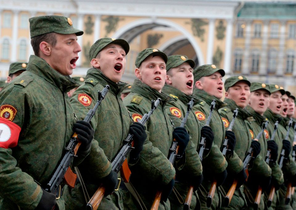 Russian military cadets march on Dvortsovaya Square during a rehearsal for the Victory Day military parade in Saint Petersburg in 2018