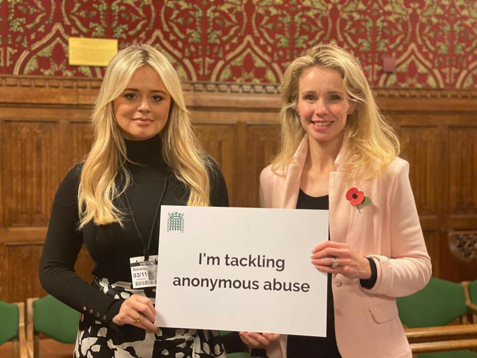 Emily, pictured with Conservative MP Siobhan Baillie, has spoken in Parliament about the issue of online abuse