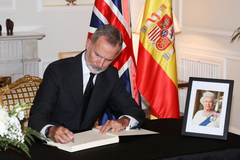 Spain’s King Felipe signed a condolence book and wrote a letter to King Charles