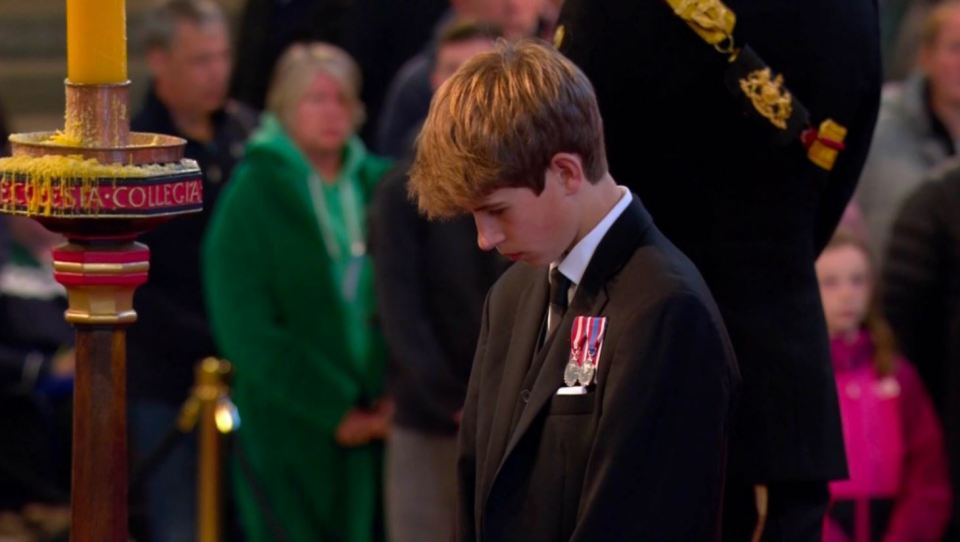 James, Viscount Severn, lowered his head in reflection today as he joined his cousins for a moving vigil this evening