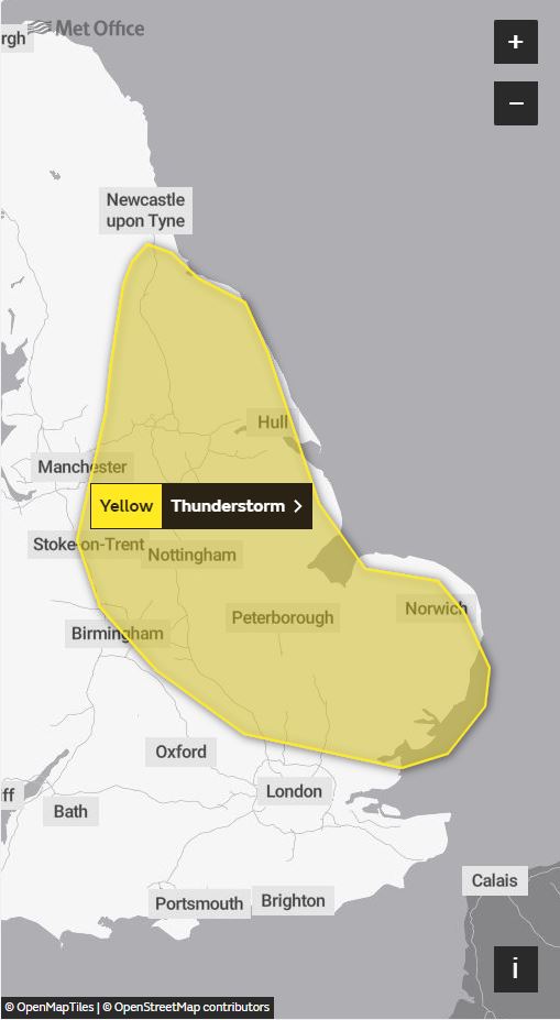 The yellow weather warning is out for several towns and cites across England, including Hull, Manchester, Peterborough, Norwich and Birmingham