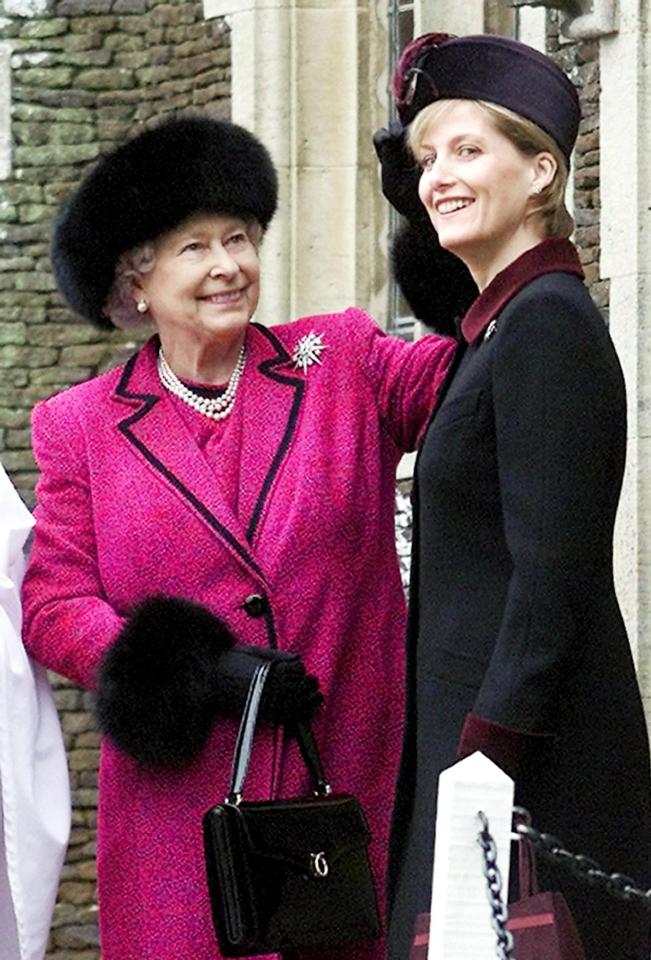 The Queen straightens Sophie’s hat before Christmas Day service in 2002