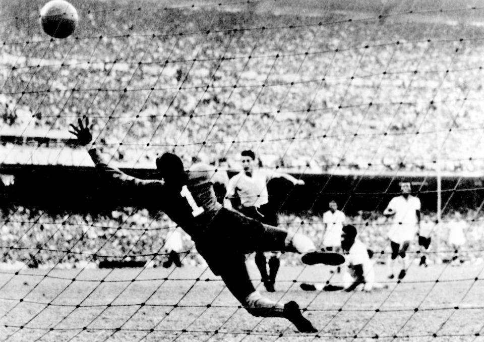 Uruguayan forward Juan Alberto Schiaffino scoring in the 1950 final