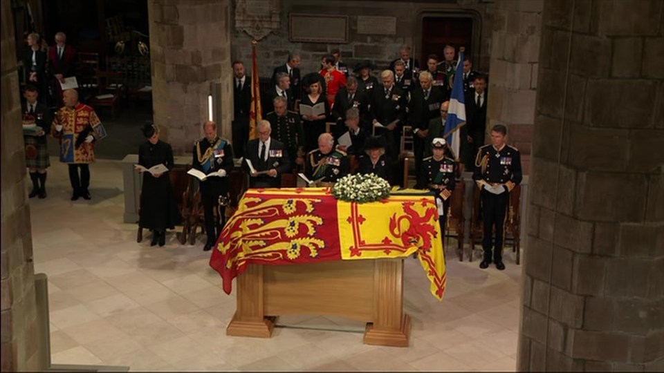 King Charles, Princess Anne, Prince Andrew and Prince Edward sit for the service