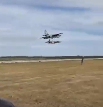 The two Russian fighter jets take off from an airfield in Crimea