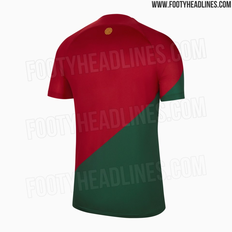 Portugal’s kit is predominantly red, combined with green in a diagonal design